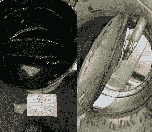 排気ダクトとダンパー 清掃前 清掃後の違いの分かる画像 ダンパー 清掃前 清掃後 焼肉店の無煙ロースター、ダクト内は、数年清掃していないと油汚れが堆積しダクト火災の危険度が高まります。